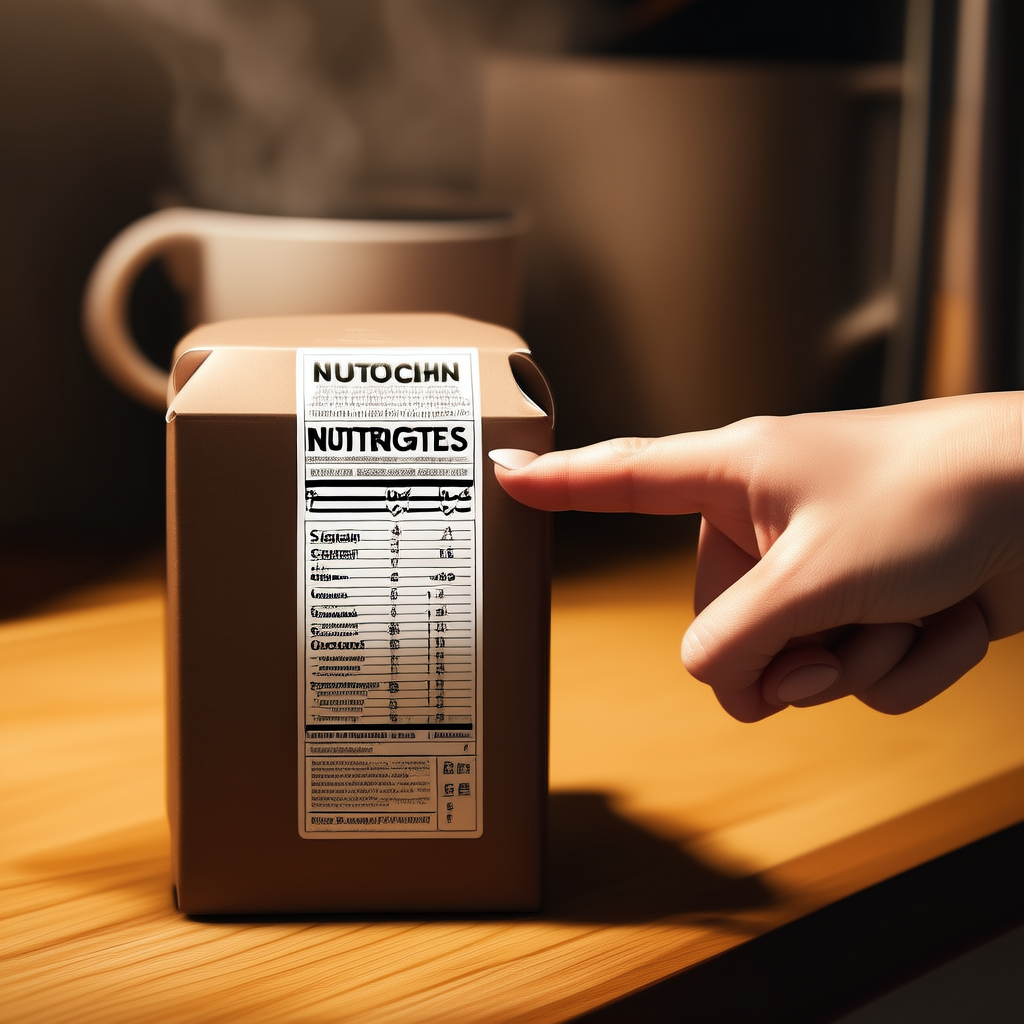 Close-up of a nutrition facts label with a hand pointing to protein and added sugars rows