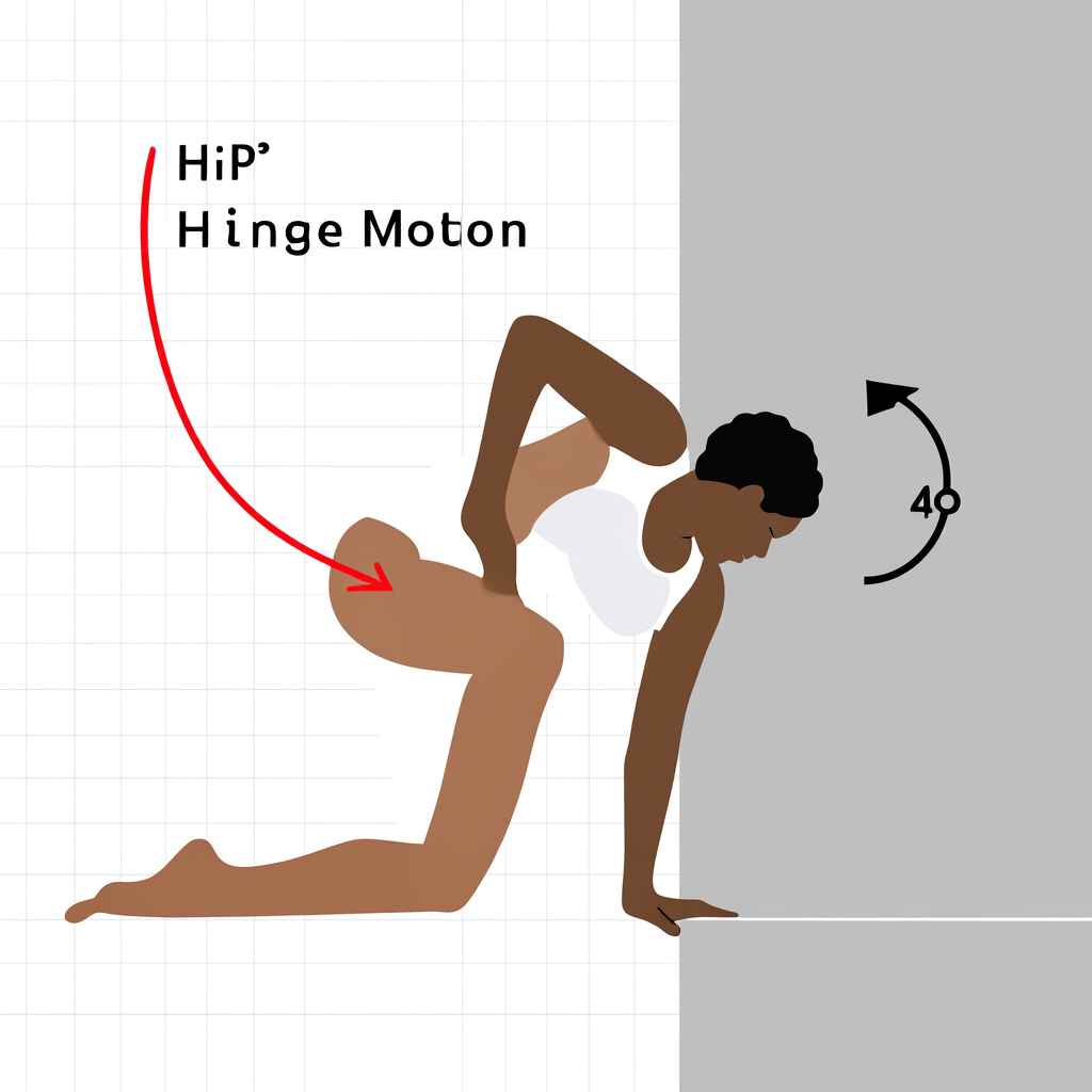 Lifter performing a hip hinge against a wall with hips pushed back and a flat back.