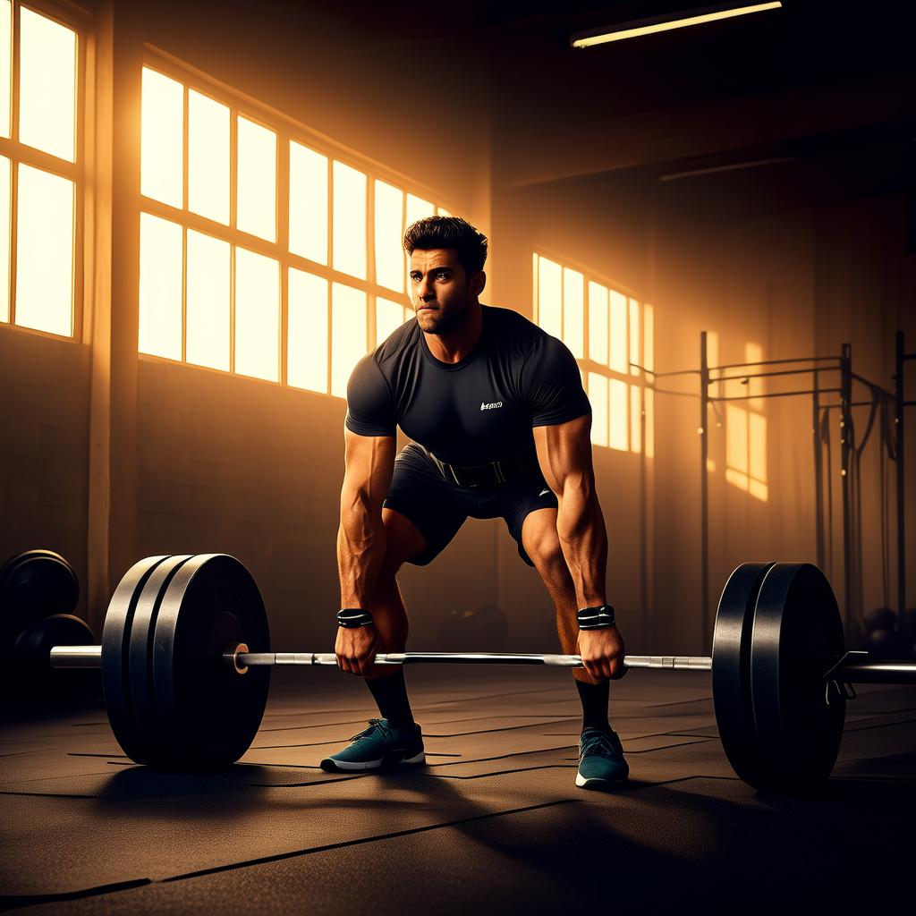 Lifter performing a deadlift in an evening gym with warm lights