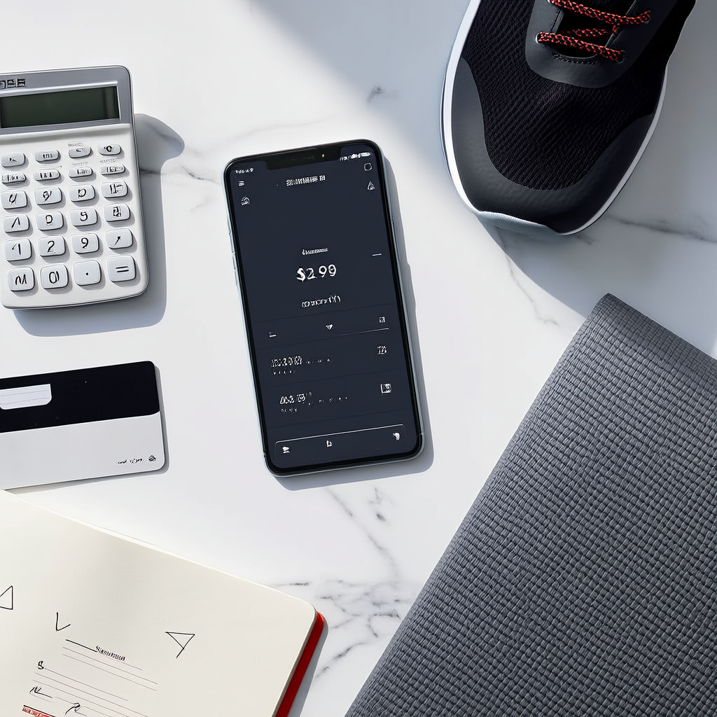 Calculator, smartphone with subscription app, credit card, notebook, and cycling shoe representing hidden costs