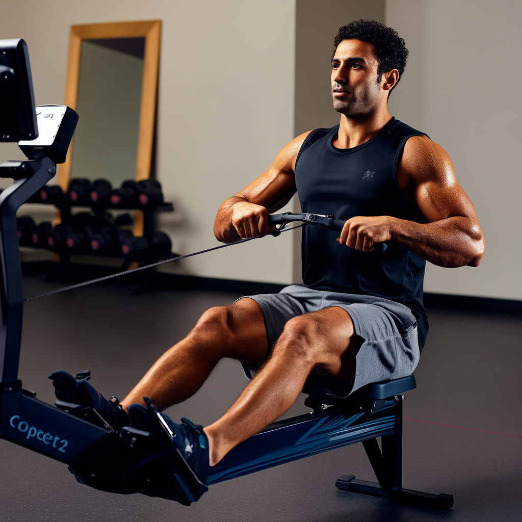 A person performing a powerful rowing stroke with legs extended and arms pulling the handle toward the chest