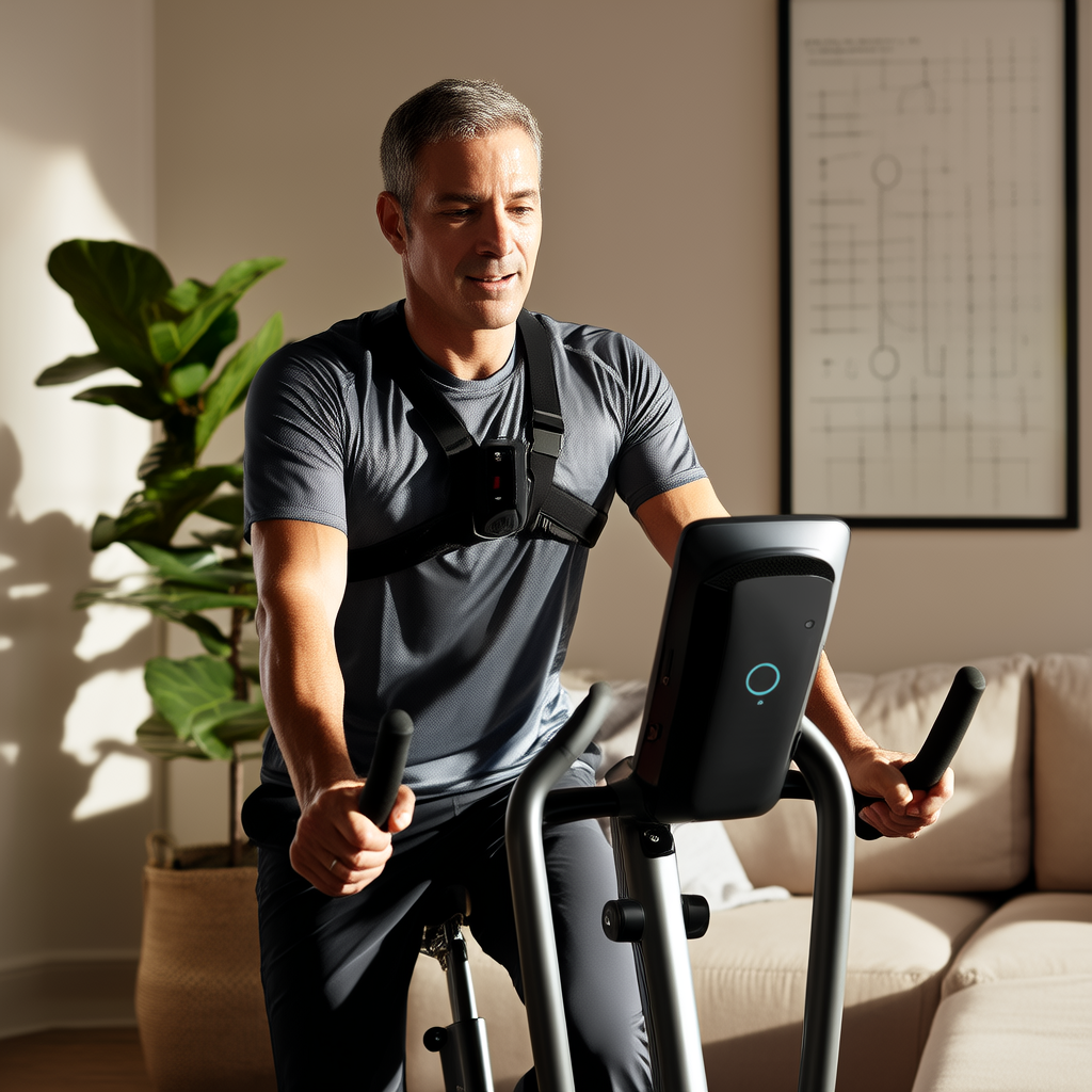A person riding an exercise bike at moderate intensity while checking a heart rate monitor