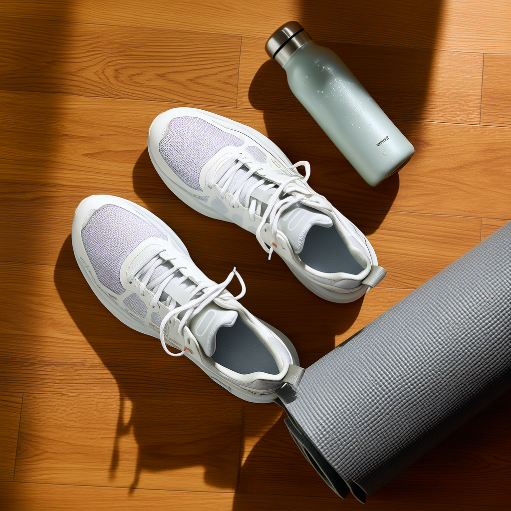 Supportive sneakers, a water bottle, and a folded yoga mat arranged on the floor near a couch