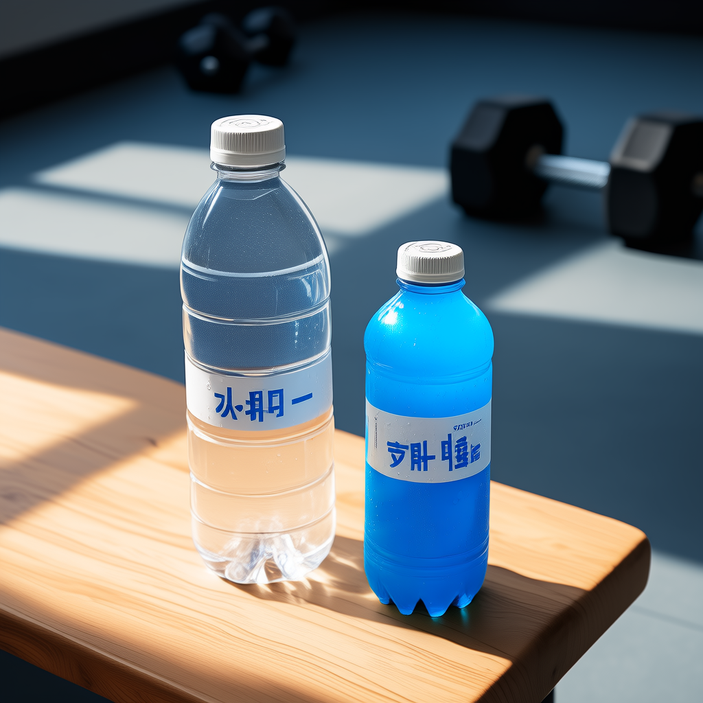 A plain water bottle and a colorful sports drink bottle on a gym bench