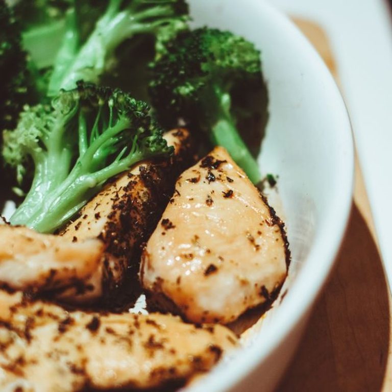 Close-up of a healthy homemade chicken and broccoli dish, perfect for a nutritious meal.