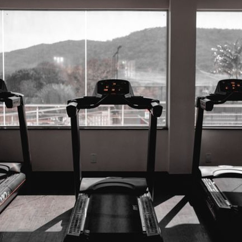 Treadmills in a gym facing large windows with nature view outdoors.