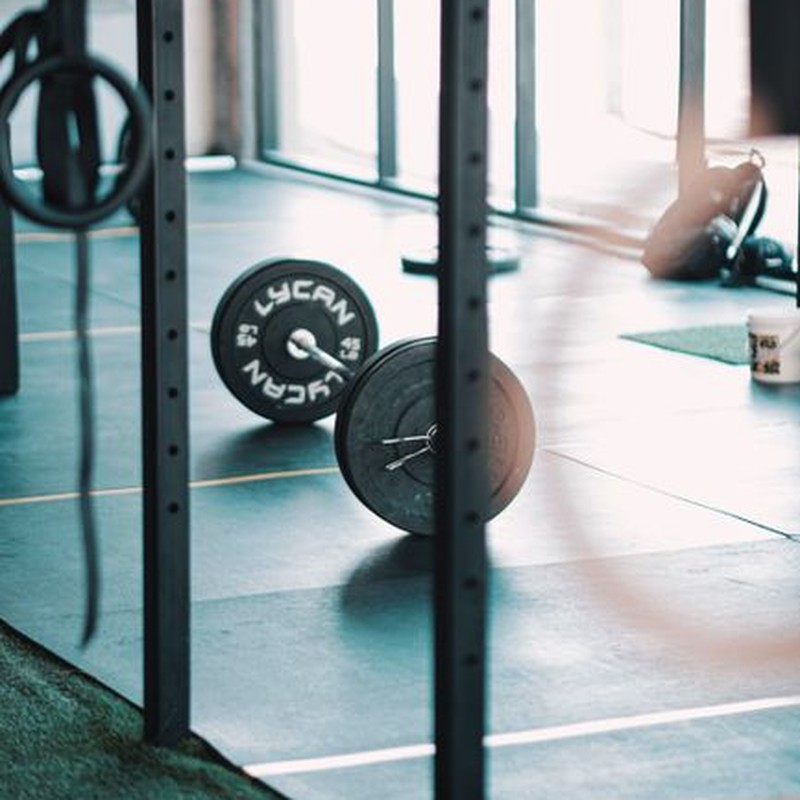 A solitary barbell rests on the gym floor, illuminated by natural light.