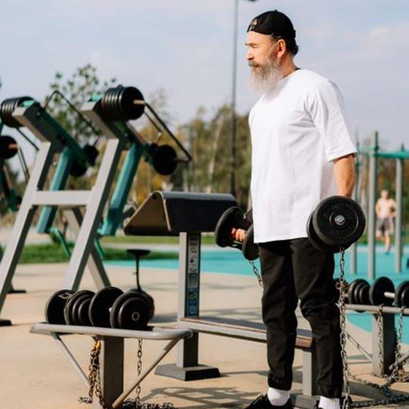 A bearded man in a white shirt works out with dumbbells in an outdoor gym.