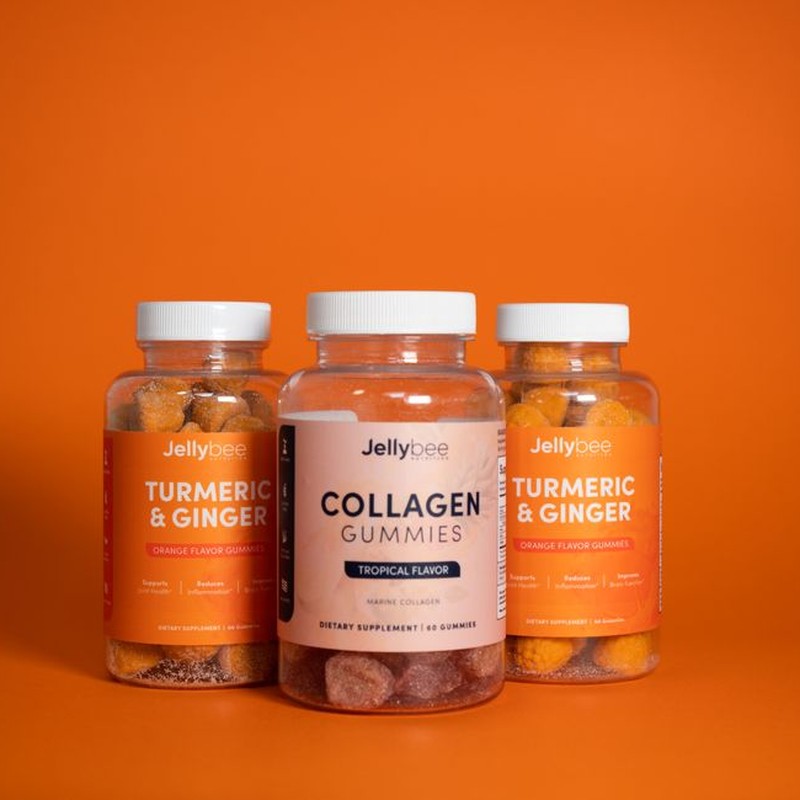 Colorful gummies with turmeric and collagen supplements in product shot.