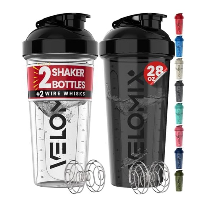 VELOMIX 2 Pack 28oz Protein Shaker Bottle for Protein Mixes, Black/Transpar | 2x